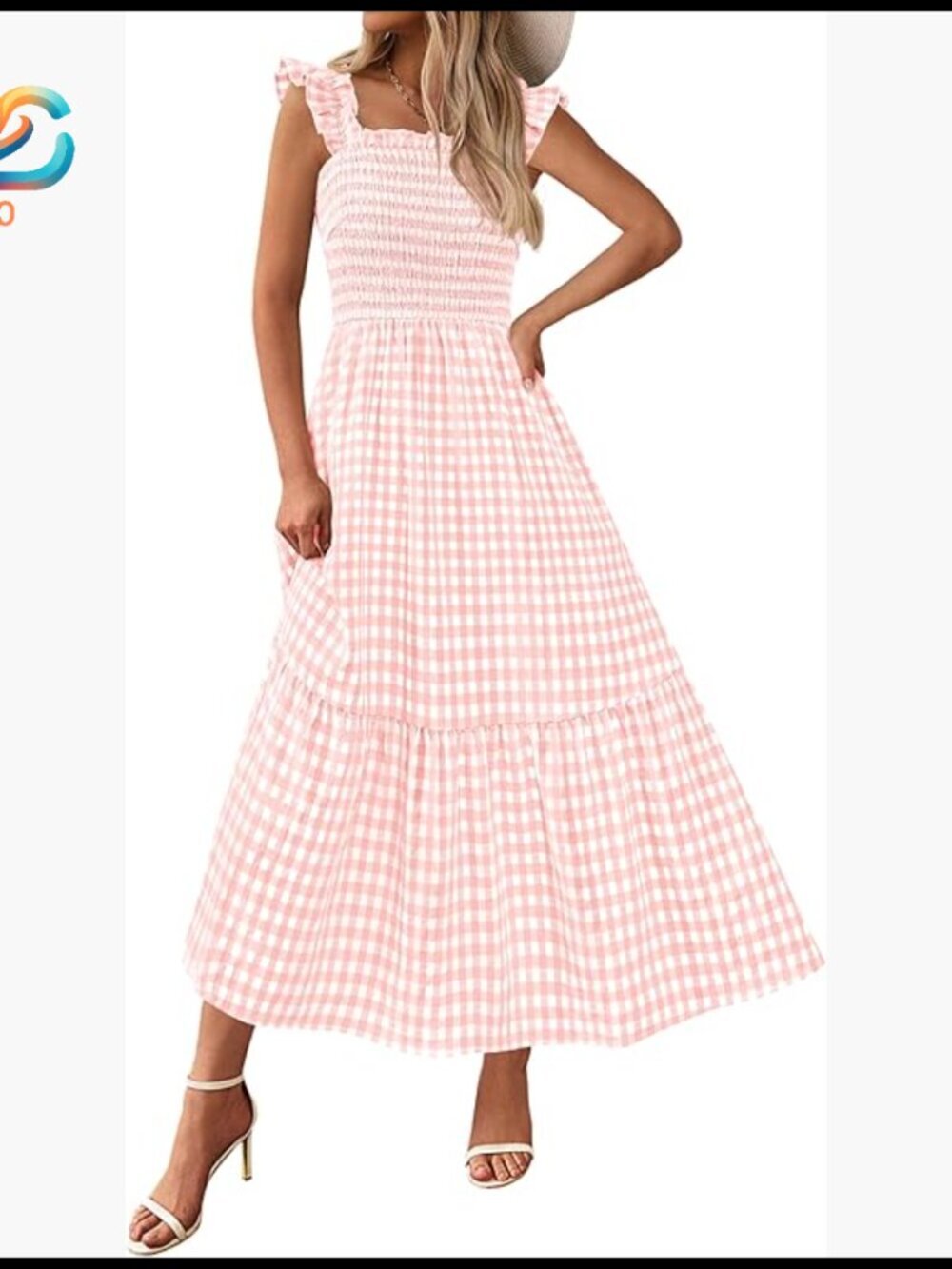 Square Neck Ruffle Strap Smocked Midi Dress with Pockets A-Line Flowy